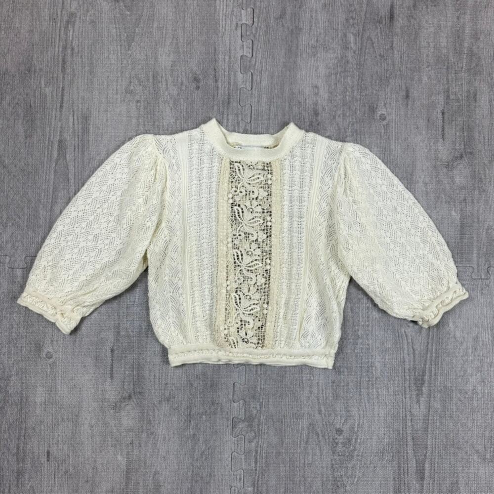 Zara Cream Pointelle Knit Crochet Puff Sleeve Crop Sweater Sz S Lace Cottagecore
